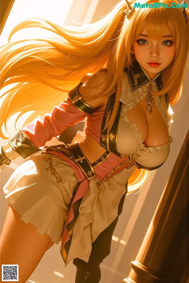 A woman with long blonde hair standing in front of a window.