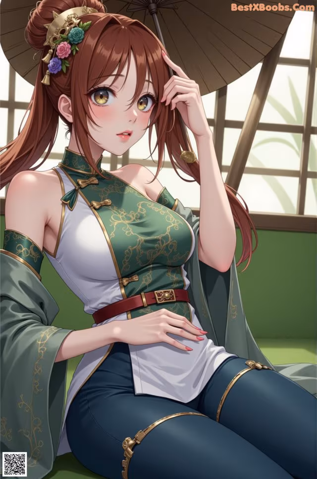 A woman in a green and white outfit holding an umbrella.
