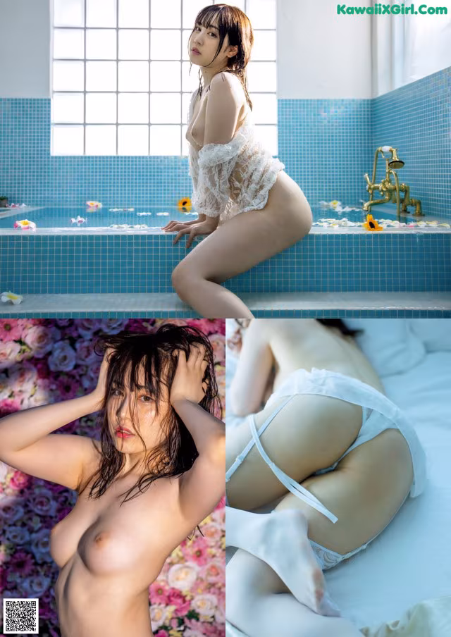 A woman in a white lingerie sitting on a bed next to a bathtub.