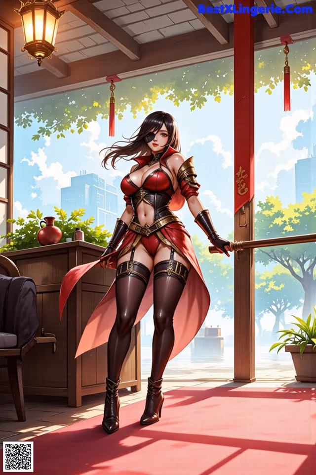 A woman in a red and black outfit holding a sword.
