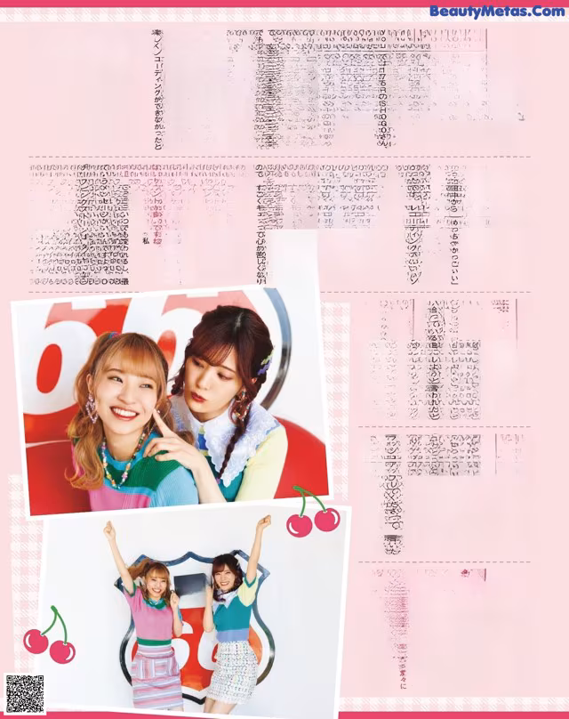 A magazine page with a picture of two girls posing for a picture.