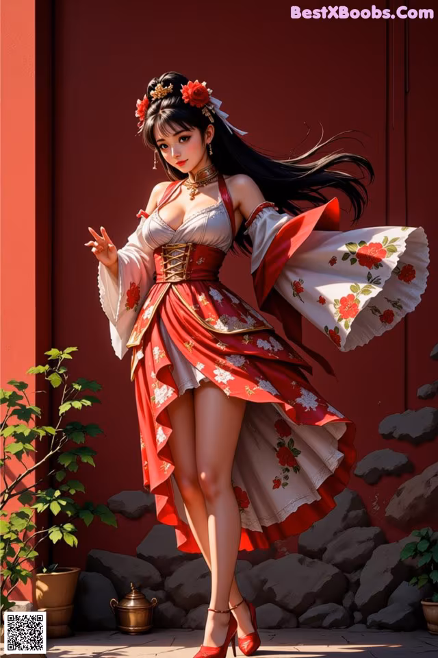 A woman in a red and white dress standing in front of a red wall.