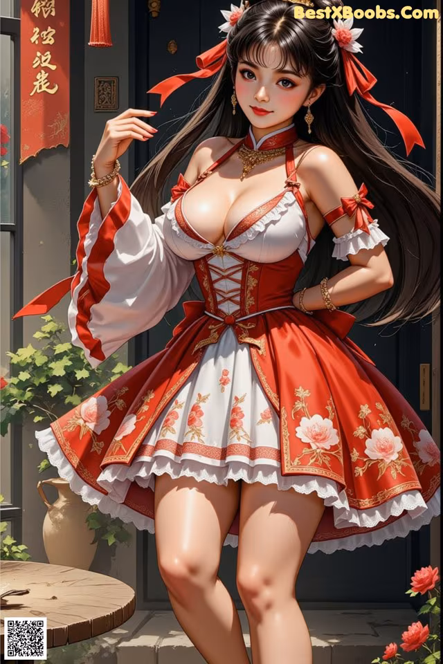 A woman in a red and white dress posing for a picture.
