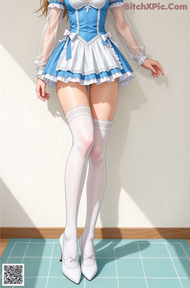 A woman in a blue and white dress and white stockings.