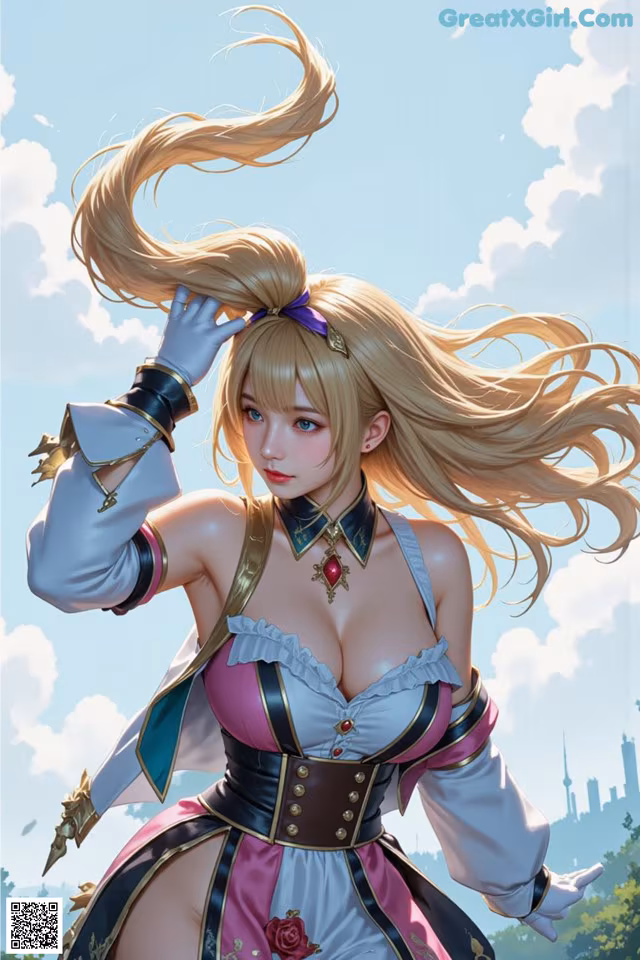 A woman with long blonde hair standing in front of a city.