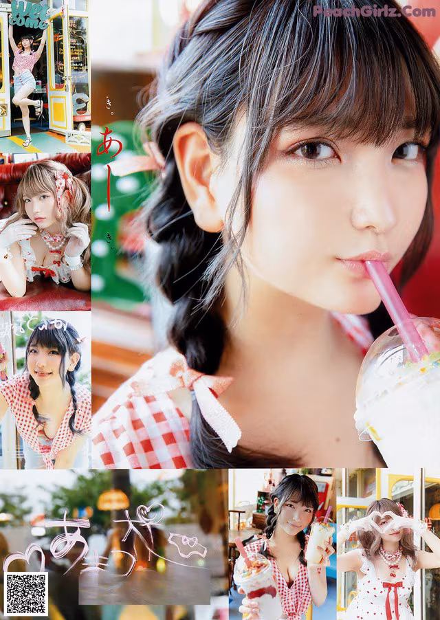 A collage of photos of a girl drinking a milkshake.