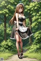 A woman in a maid outfit is walking down a path in the woods.