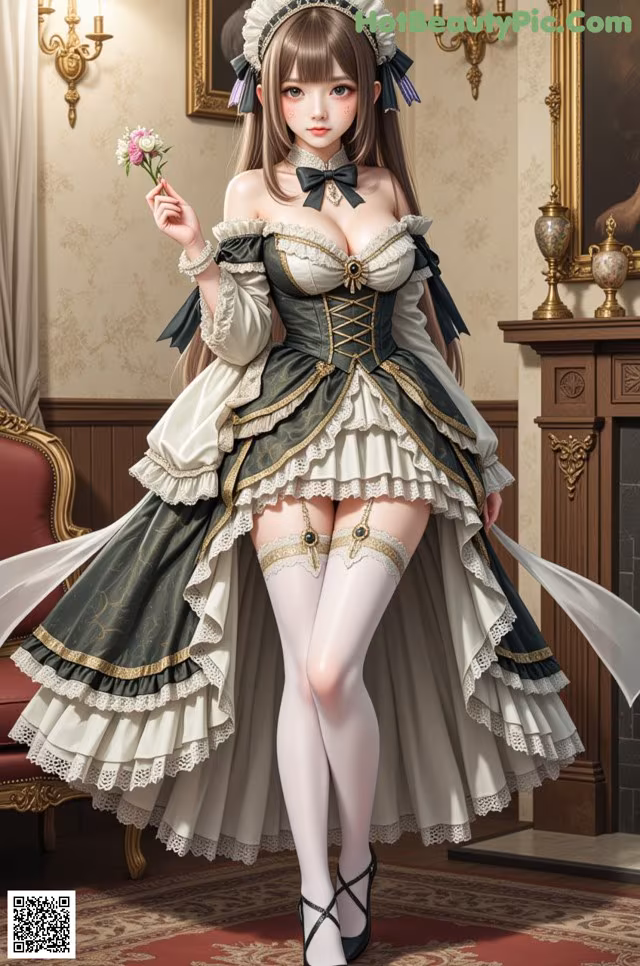 A woman in a maid outfit holding a flower.