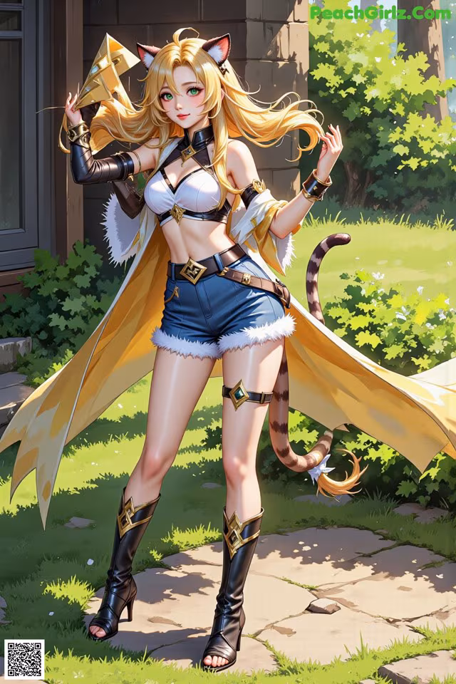 A woman in shorts and boots holding a cat.
