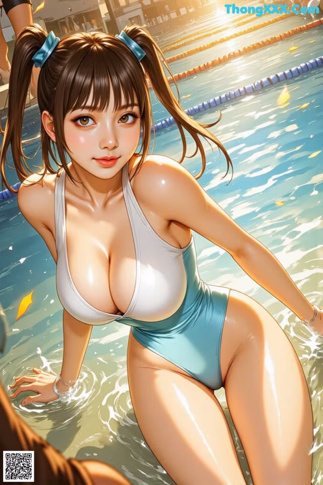 A woman in a blue and white bathing suit in a pool.