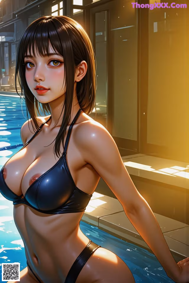 A woman in a black bikini standing next to a pool.