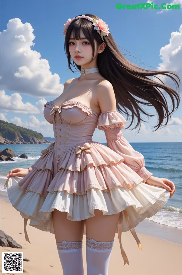 A woman in a pink dress standing on a beach.