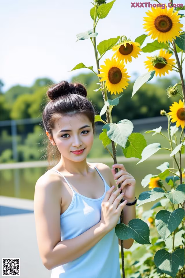 A woman standing next to a bunch of sunflowers.