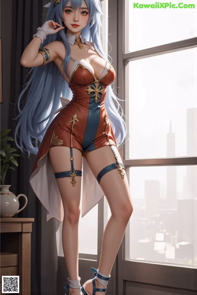 A woman with long blue hair standing in front of a window.