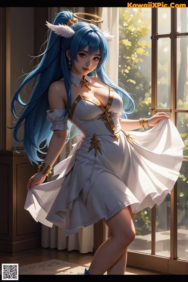 A woman in a white dress standing by a window.