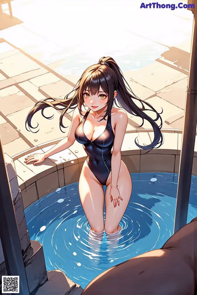 A woman in a black bathing suit standing in a pool.