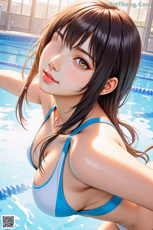A woman in a blue bikini sitting in a swimming pool.