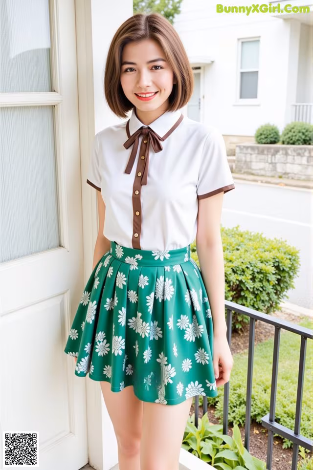 A woman wearing a white shirt and green skirt.