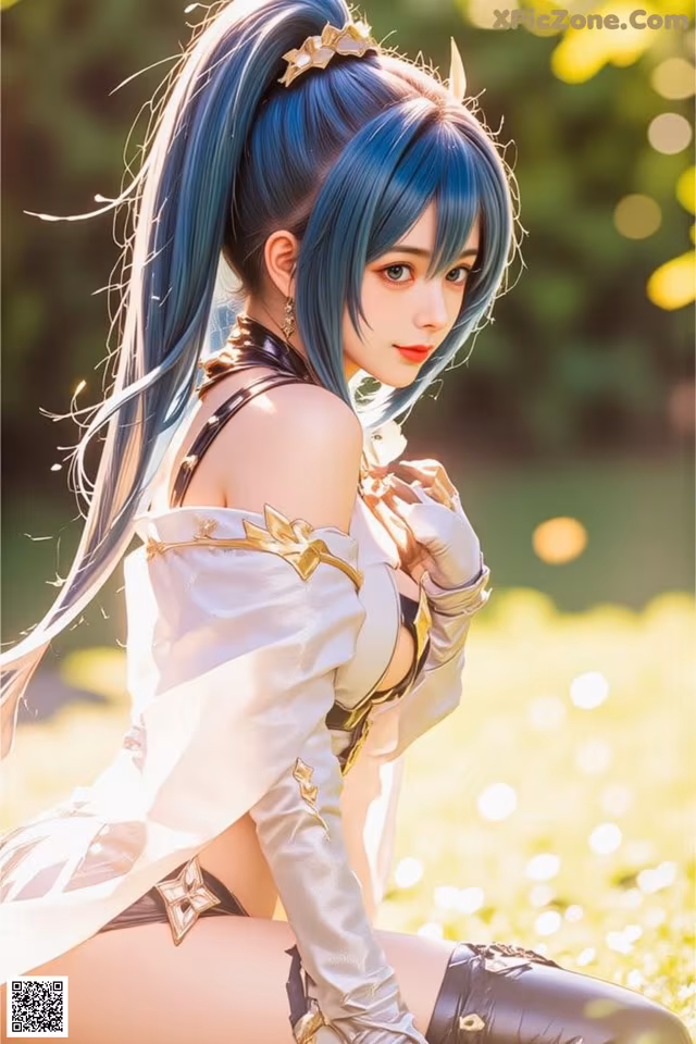 A woman with long blue hair sitting in the grass.