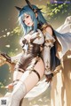 A woman with blue hair and a sword in her hand.