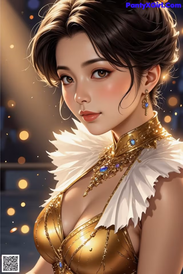 A woman in a gold dress with a white collar.