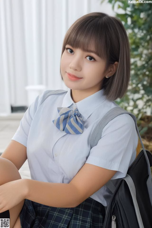 A young woman in a school uniform sitting on the ground.